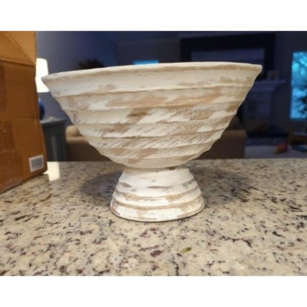 Ridged Mango Wood Footed Bowl, Brown, 5 quarts, Large